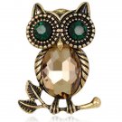 This Owl Brooch has Dark Green Eyes and a Big Champagne Body