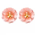 Pink Enamel Camellia Flower with Faux Pearls Stud Earrings