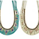 Aztec Theme Pea Bead Necklace Ivory White or Deep Sky Blue 9 rows of beads