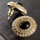 Classic Button Earrings Black Bead Surrounded with Rhinestones and Gold