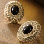 Classic Button Earrings Black Bead Surrounded with Rhinestones and Gold