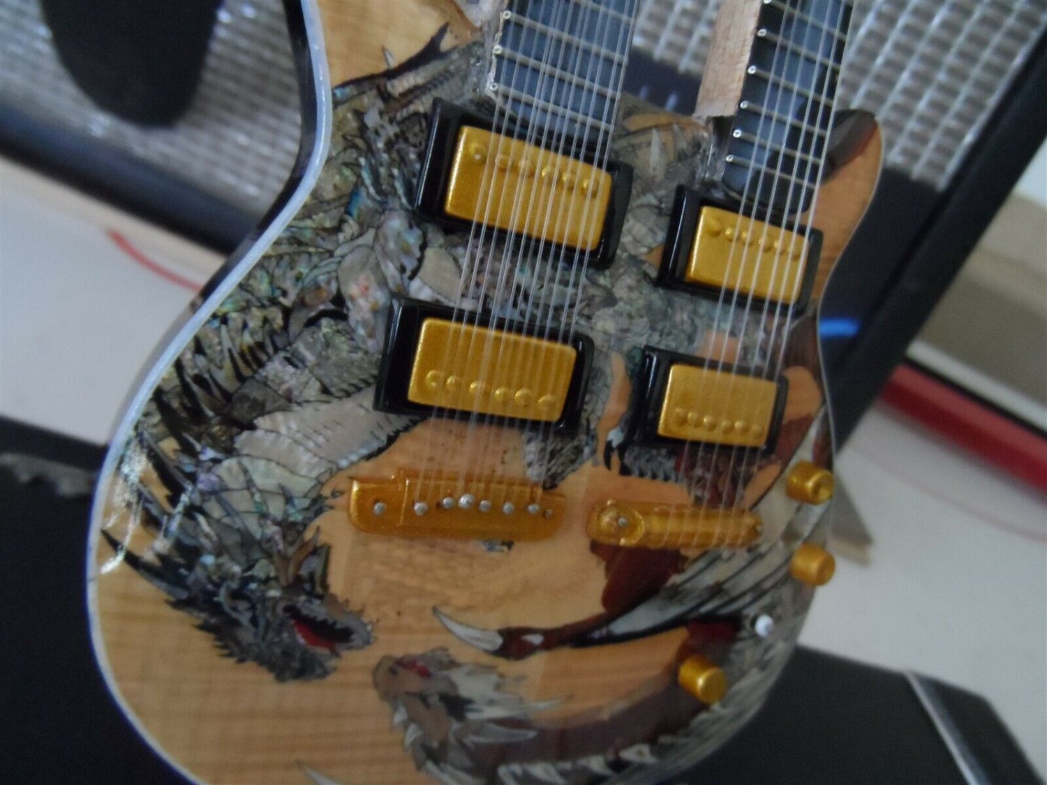 SANTANA - PRS Yellow Dragon Double Neck Sig Custom 1:4 Scale Replica Guitar~New~