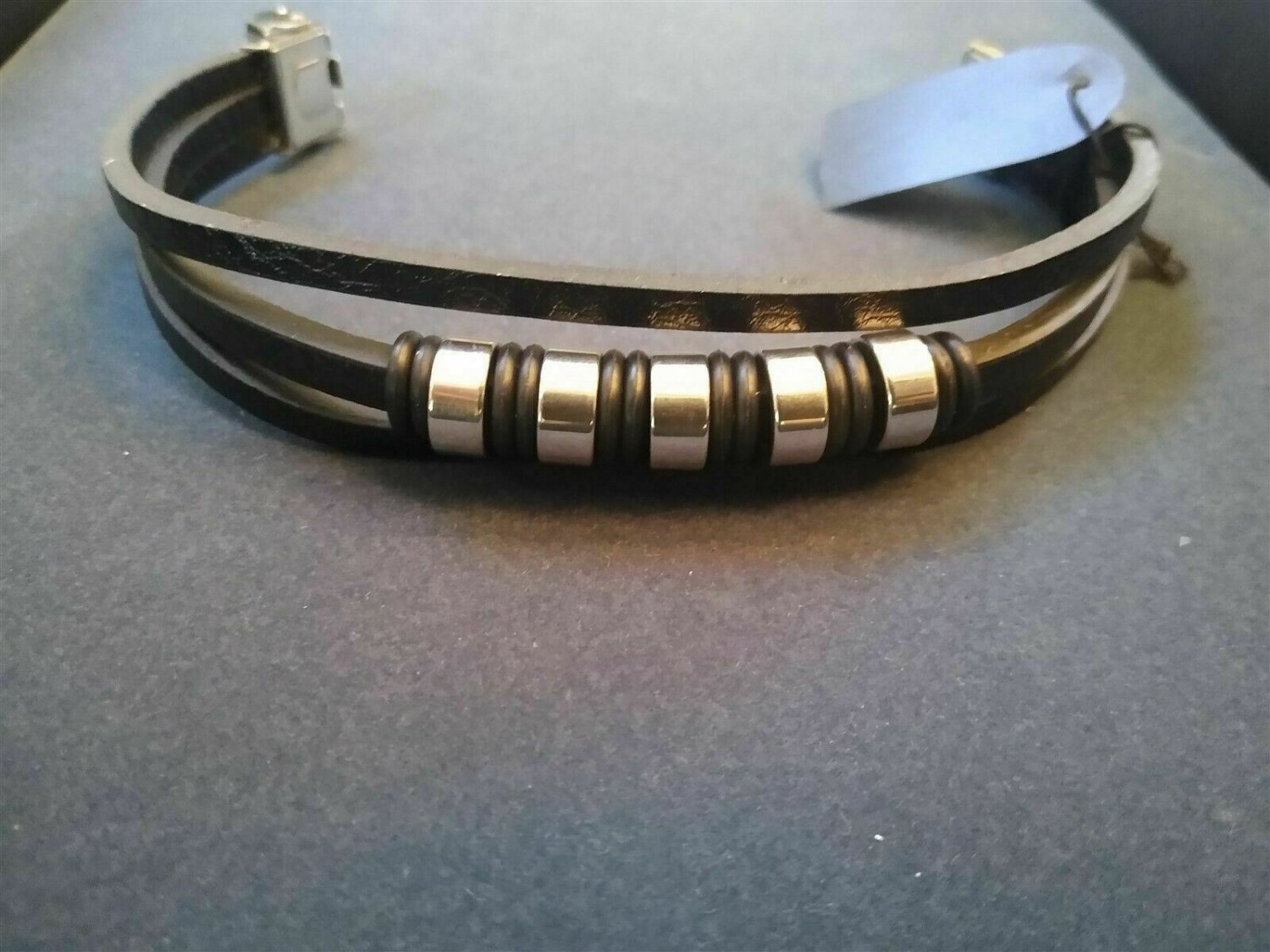 3 Strand Beaded Black PU Leather / Steel Bracelet. Be a Rockstar! ~New~