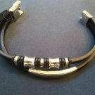 2 Strand Stainless Steel Beaded Black PU Leather Bracelet. Be a Rockstar! ~New~