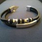 2 Strand Stainless Steel Beaded Black PU Leather Bracelet. Be a Rockstar! ~New~
