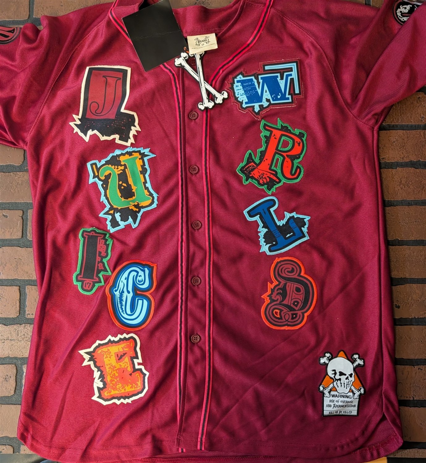 JUICE WRLD Brand X Fighting Demons Maroon Baseball Jersey ~New~ M L XL 2XL