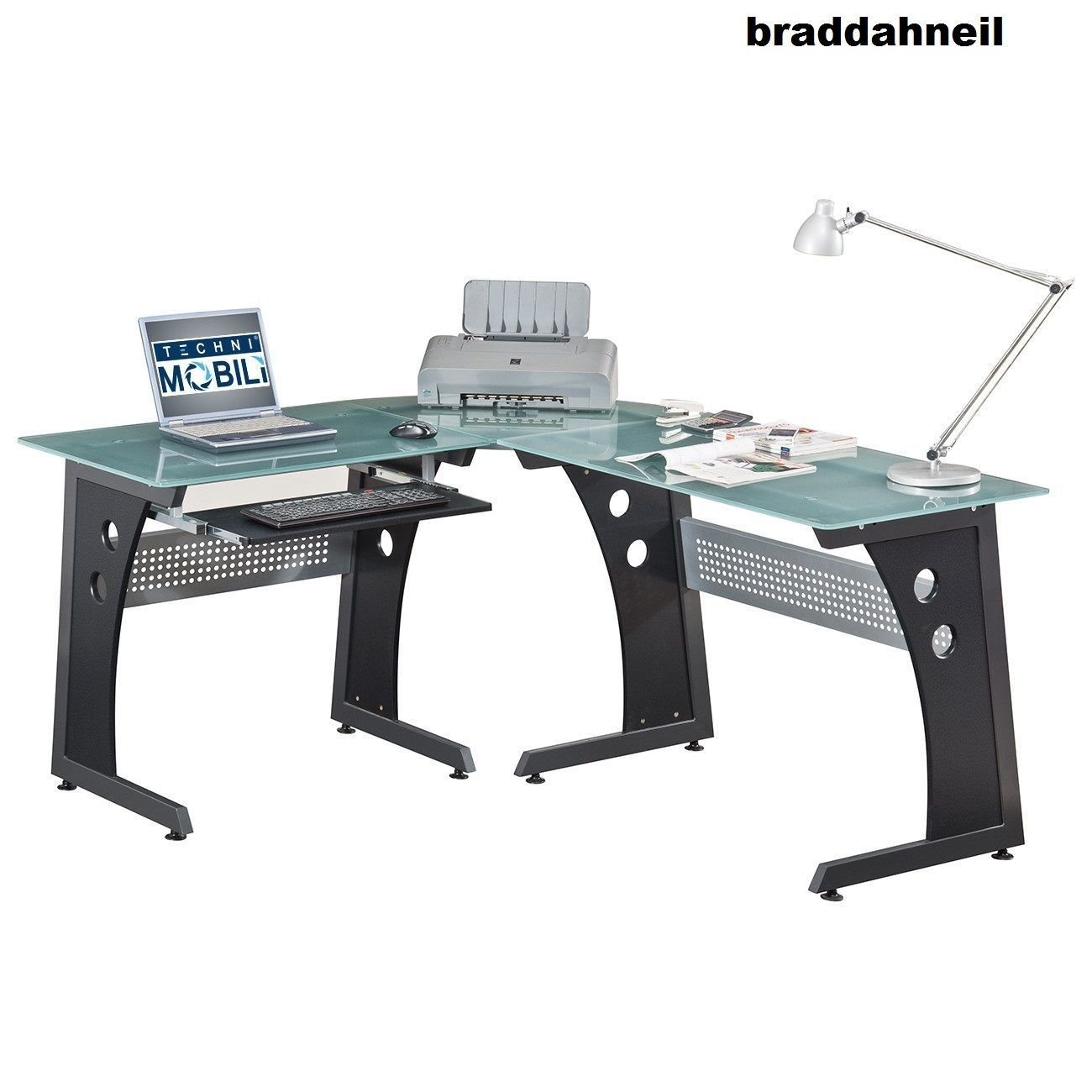 Glass Top Computer Desk Modern Graphite Corner Gaming Home Office