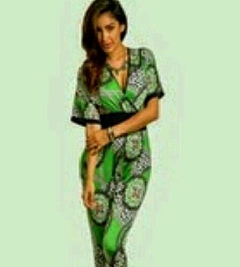 SZ SMALL GREEN & BLUE SHORT SLEEVE V-NECK FITTED PAISLEY JUMPSUIT