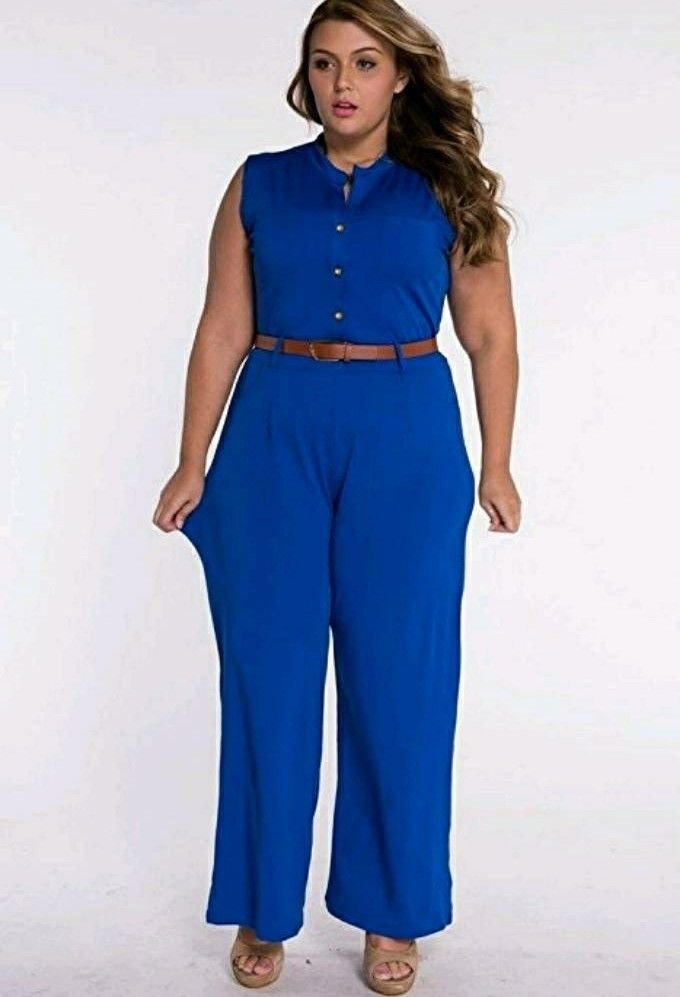 NEW SZ. XXL PLUS SIZE  FITTED ROYAL BLUE BELTED LONG SLEEVELESS JUMPSUIT