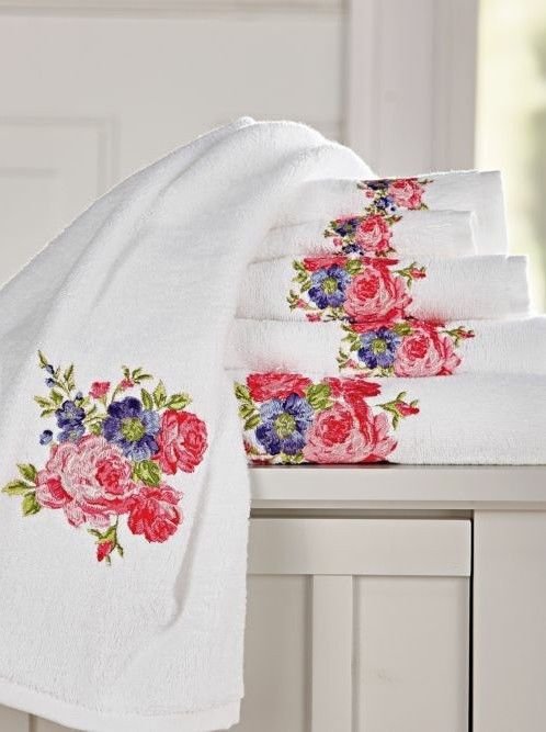 6Pc. white flower design soft bath towel set 100% cotton