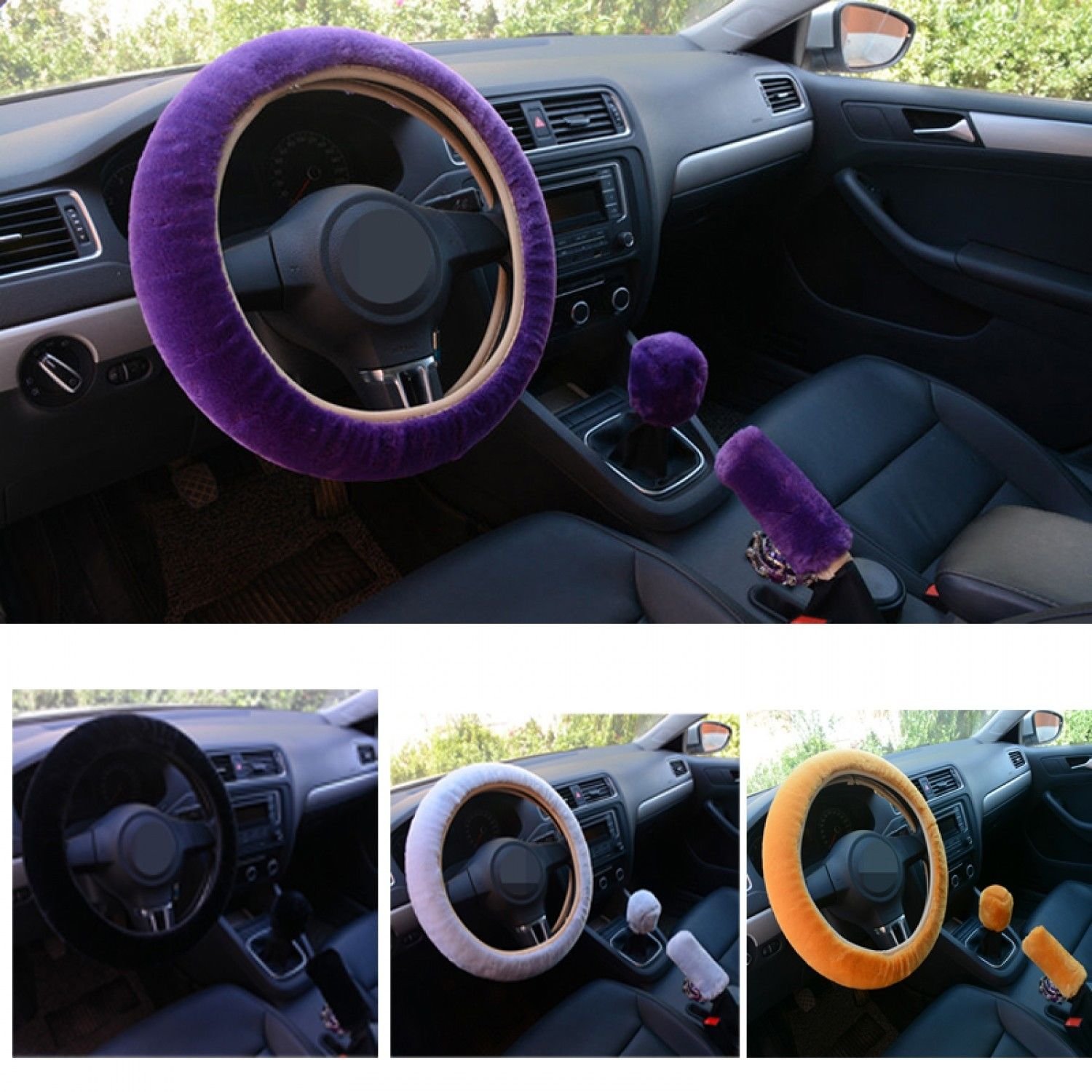 3Pcs Winter Plush Fur Car Steering Wheel Cover Hand Brake Cover Gear Knob Soft