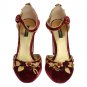 DOLCE & GABBANA RED VELVET MARY JANES GOLD BAROQUE PUMPS