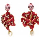 GOLD BRASS RED FLORAL CRYSTAL DANGLING CLIP ON EARRING