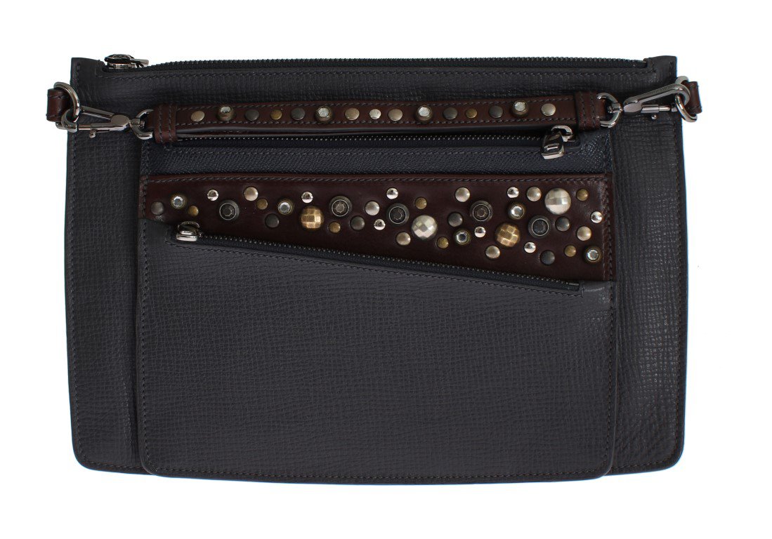 GRAY BROWN LEATHER STUDDED WRISTLET BAG ORGANIZER