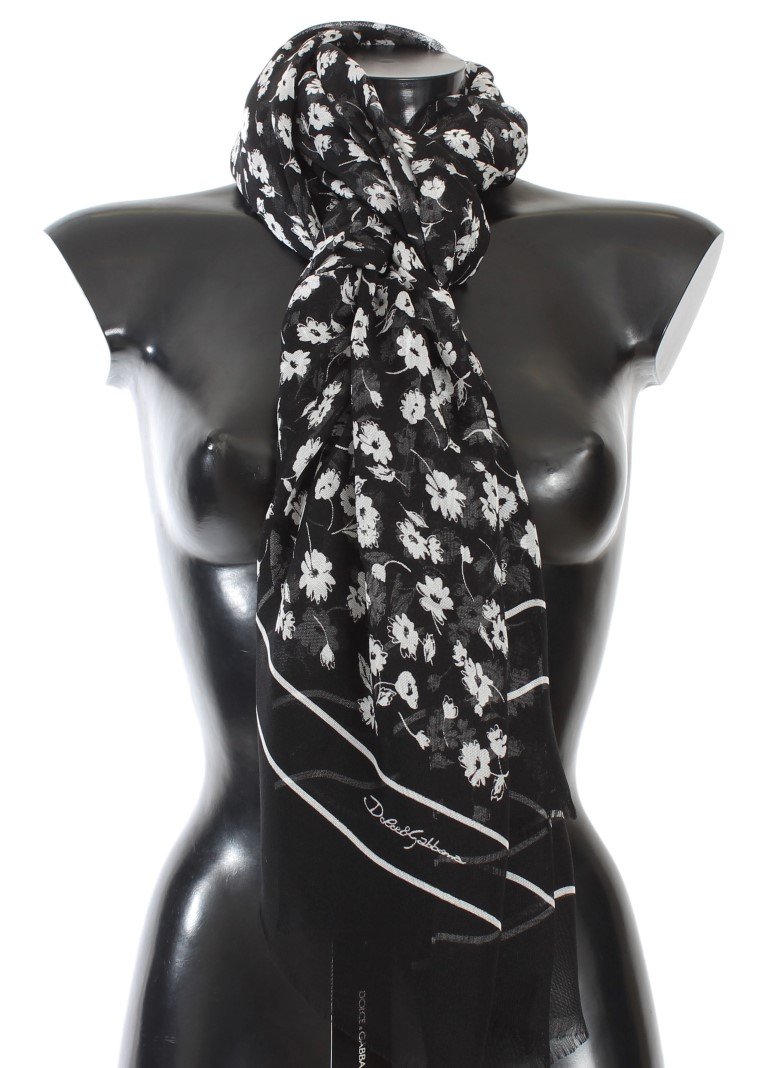 BLACK WHITE FLORAL PRINT SILK SCARF