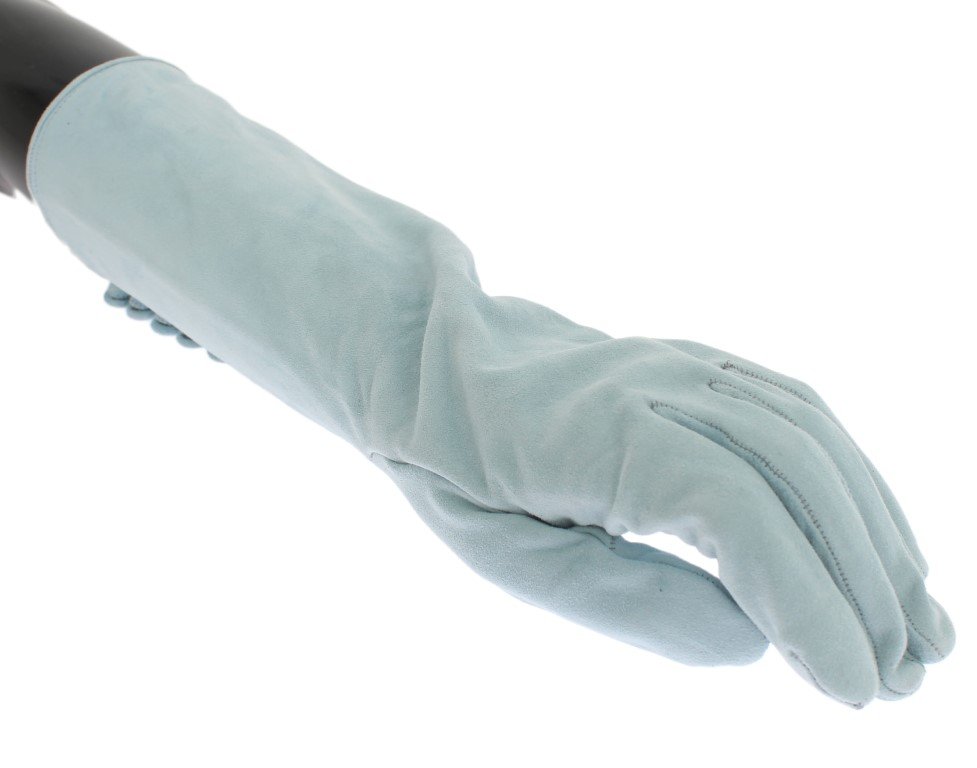 BLUE SUEDE ELBOW BUTTON GLOVES