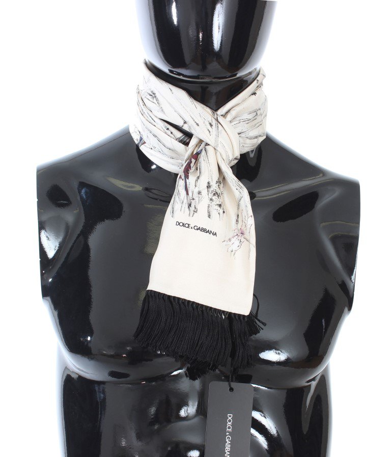 BEIGE SILK BIRD PATTERN SCARF