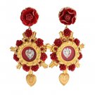 GOLD CRYSTAL RED ROSES HEART DANGLING CLIP ON EARRING