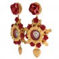GOLD CRYSTAL RED ROSES HEART DANGLING CLIP ON EARRING