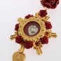 GOLD CRYSTAL RED ROSES HEART DANGLING CLIP ON EARRING