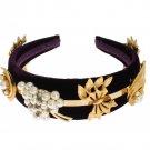 PURPLE VELVET GOLD BRASS PEARL CRYSTAL HEADBAND