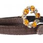 BROWN STRAW LEATHER CRYSTAL BUCKLE BELT