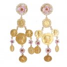 GOLD BRASS FLORAL COINS DANGLING CLIP ON EARRINGS