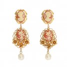 GOLD CAMMEO RESIN FLORAL DANGLING CLIP ON EARRINGS
