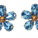 GOLD BRASS FLORAL BLUE CRYSTAL LARGE CLIP ON SICILY EARRING