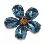 GOLD BRASS FLORAL BLUE CRYSTAL LARGE CLIP ON SICILY EARRING
