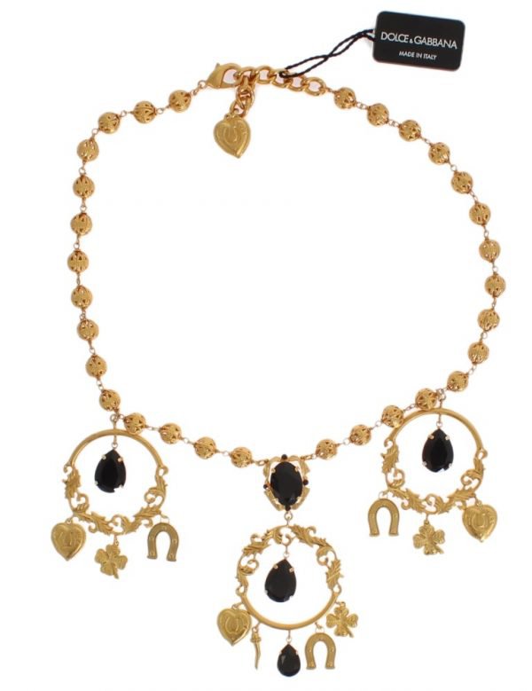 GOLD CHARM BLACK CRYSTAL STATEMENT NECKLACE