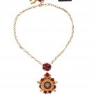 GOLD BRASS RED ROSES SILVER HEART CHAIN NECKLACE