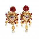 GOLD CRYSTAL RED ROSES HEART DANGLING CLIP ON EARRING