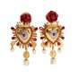 GOLD CRYSTAL RED ROSES HEART DANGLING CLIP ON EARRING