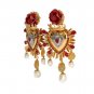 GOLD CRYSTAL RED ROSES HEART DANGLING CLIP ON EARRING