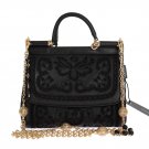 MISS SICILY SATCHEL BLACK LEATHER FLORAL RICAMO HANDBAG
