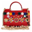 PURSE VON RED LEATHER CRYSTAL CARRETTO POM POM