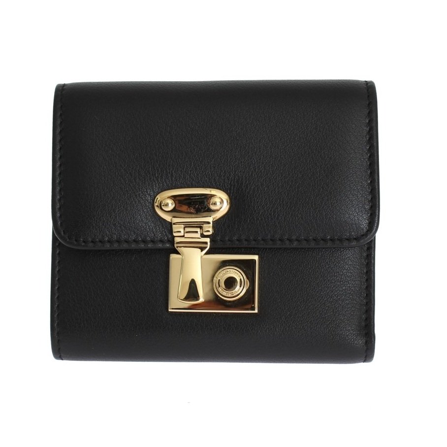 BLACK LEATHER GOLD LOCK TRIFOLD WALLET