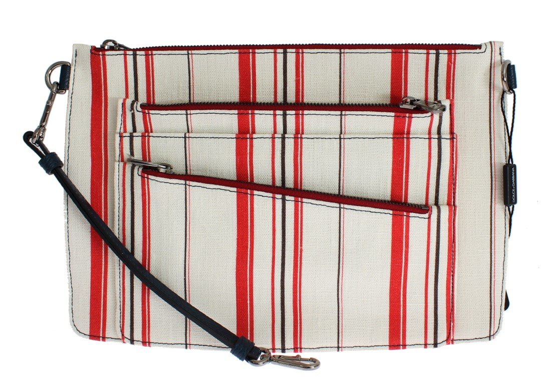 WHITE RED STRIPED LINEN SHOULDER MESSENGER BAG