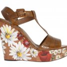 BROWN LEATHER FLORAL WEDGES PLATFORM SHOES