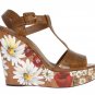 BROWN LEATHER FLORAL WEDGES PLATFORM SHOES