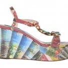MULTICOLOR SICILY PRINT CRYSTAL WEDGES LEATHER SHOES