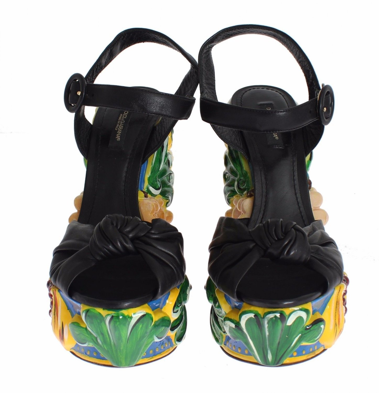 BLACK LEATHER PUPIL DOLLS WEDGES SHOES