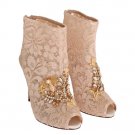 BEIGE CRYSTAL LACE BOOTIES STILETTO SHOES
