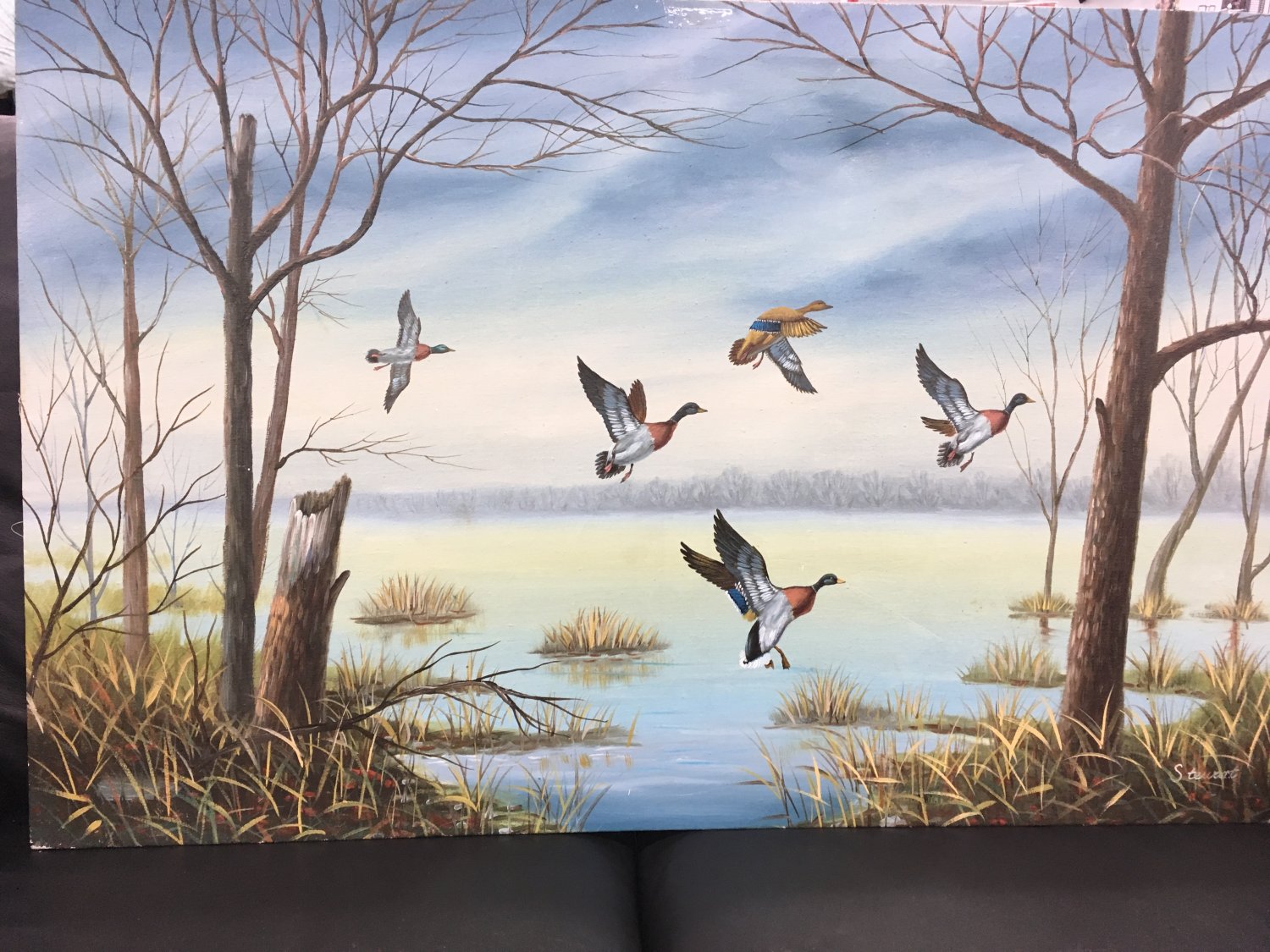 Ducks Flying Oil Painting on Canvas By Stewart.