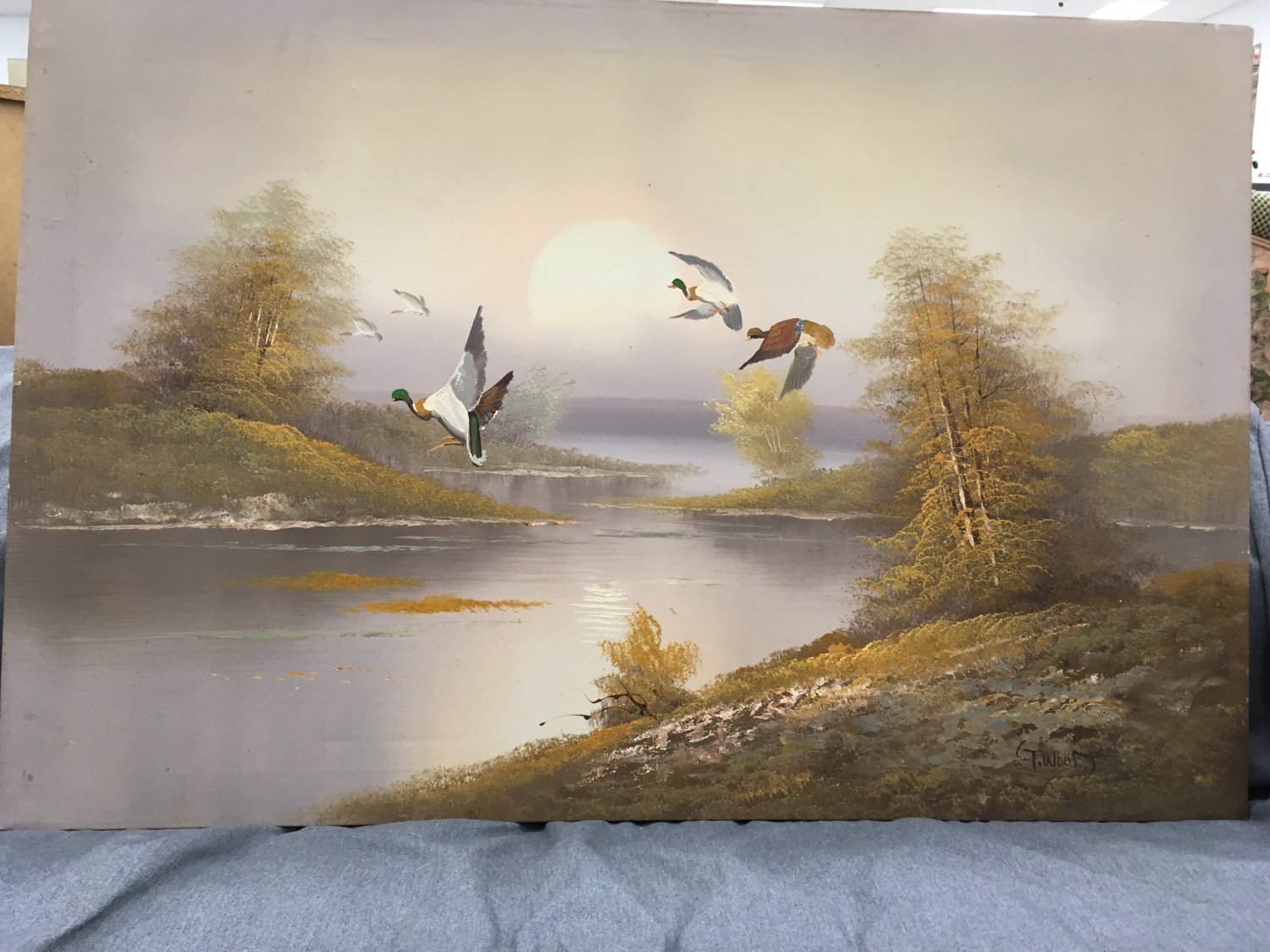 Vintage Oil painting wonderful sunrise landscape with river Wetlands