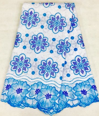 African Lace Fabric Blue White Swiss Voile lace with many rhinestone 5 yards