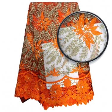 African Lace Fabric/Tulle lace fabric/Orange Swiss Lace with rhinestones 5yard