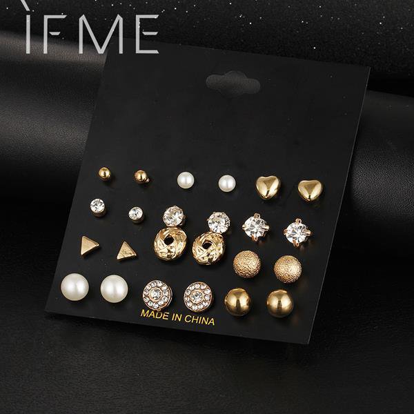 12 Pcs Set Crystal Alloy Round Ball Gold Color Stud Earrings E4R