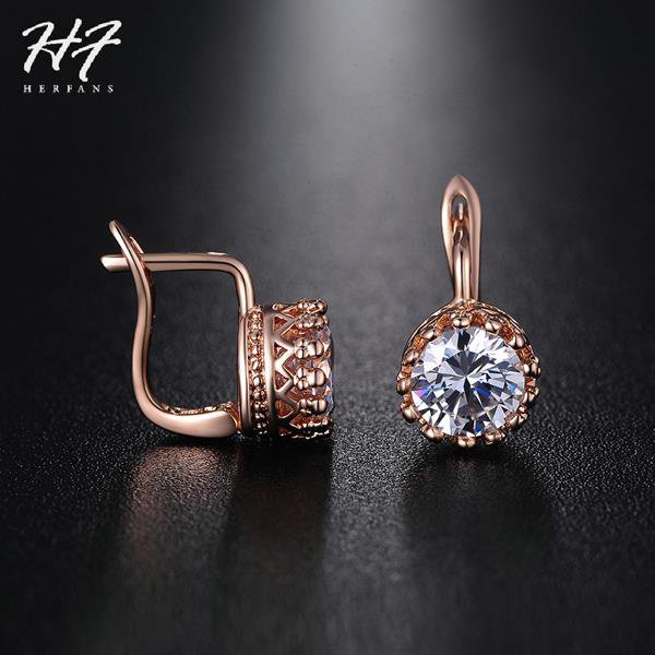 Crown Austrian Crystal Wedding Stud Earrings Rose Gold Color E4R